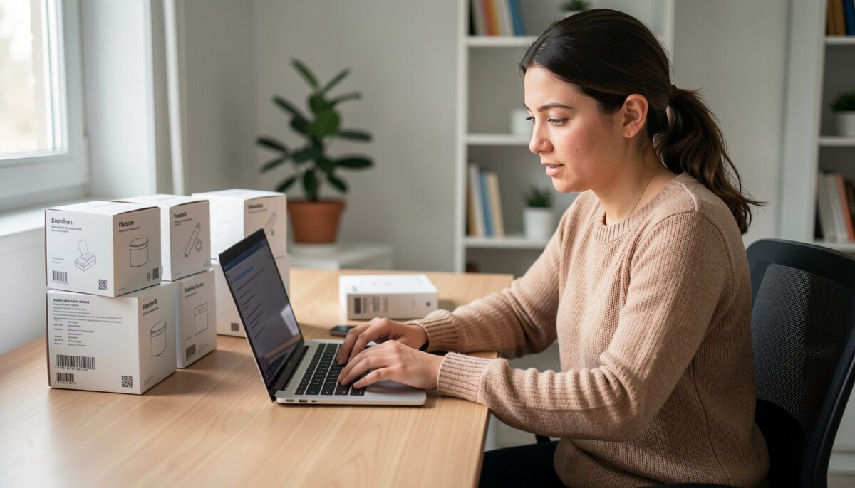 A blogger typing a product review at a desk with several boxes of products waiting to be photographed