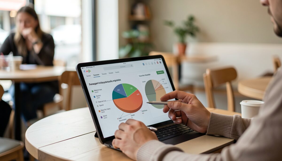 A marketer reviewing pie charts and demographic data on a tablet in a cafe