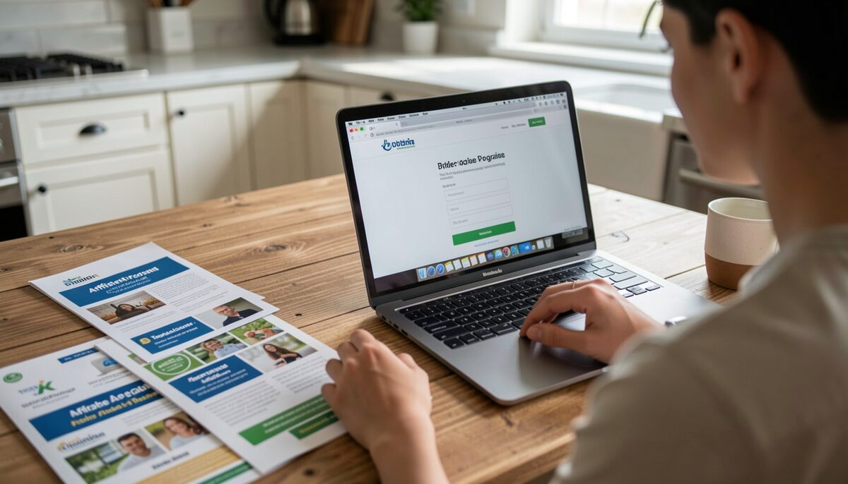 A person comparing printed affiliate program brochures at a kitchen table with a laptop open to a sign up page