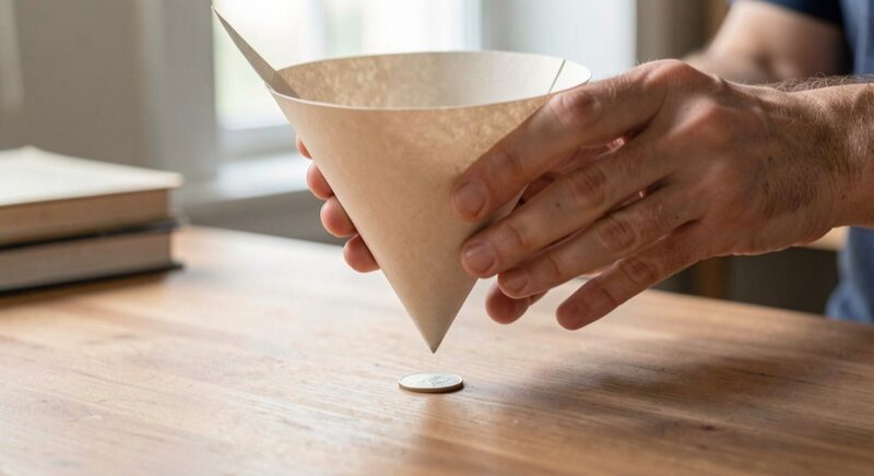 A paper funnel standing on a desk with a coin dropping through it, hands steadying the funnel, soft light