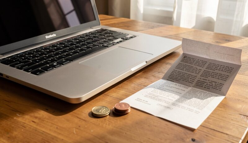 A laptop closed on a wooden desk beside a small stack of coins and a printed page folded in half, morning light