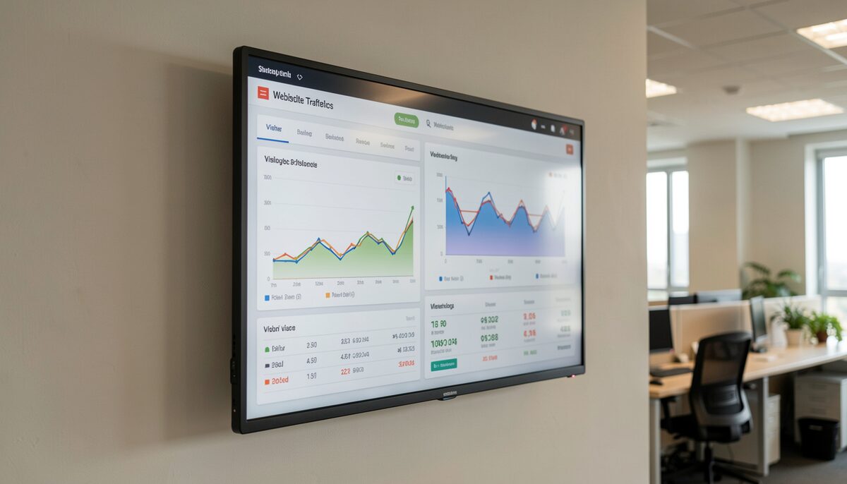 A wall mounted dashboard display in an office showing website traffic graphs and visitor counts