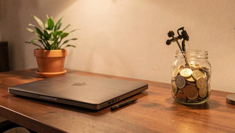 A content creator's desk with a closed laptop, a plant and a glass jar slowly filling with coins, warm light