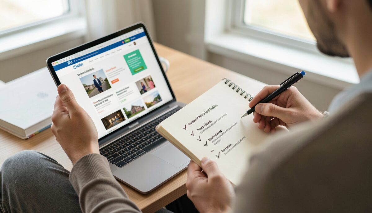 A person using a tablet to browse a website while holding a notepad with checkmarks next to ad placements