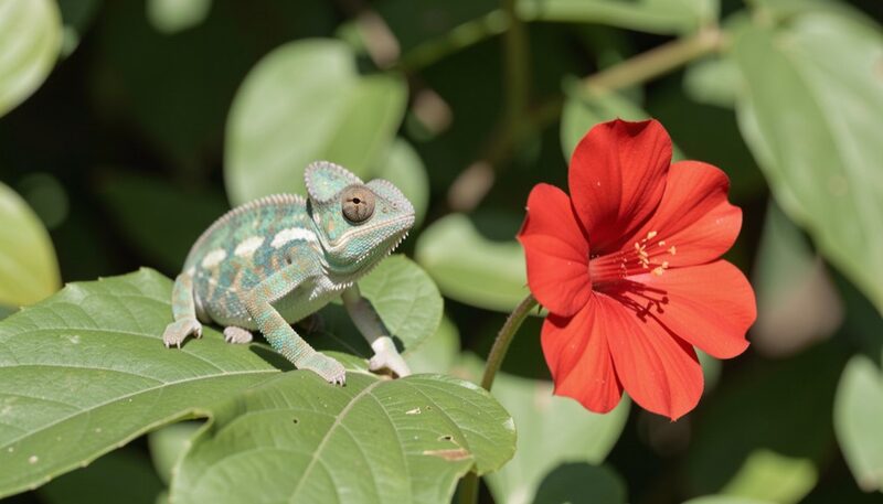 A chameleon blending into a green leaf beside a single bright red flower standing out, macro daylight