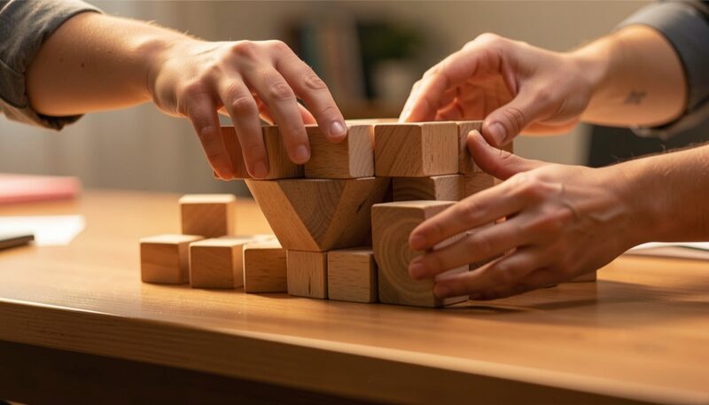 Wooden blocks being arranged into a funnel shape on a desk by two hands, shallow depth of field, warm light