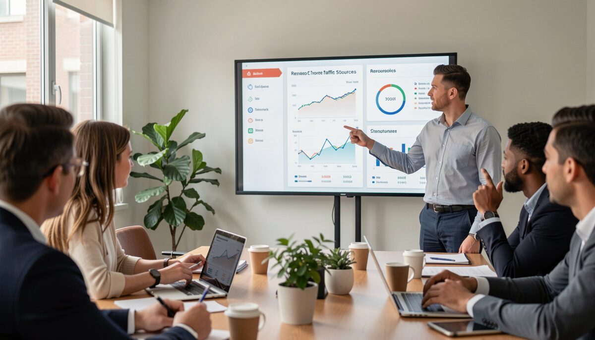 A team meeting where a presenter points to a projected analytics dashboard with revenue trends and traffic sources